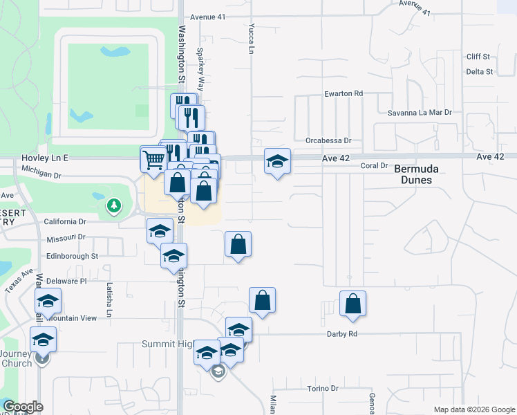 map of restaurants, bars, coffee shops, grocery stores, and more near 78277 Desert Mountain Circle in Bermuda Dunes