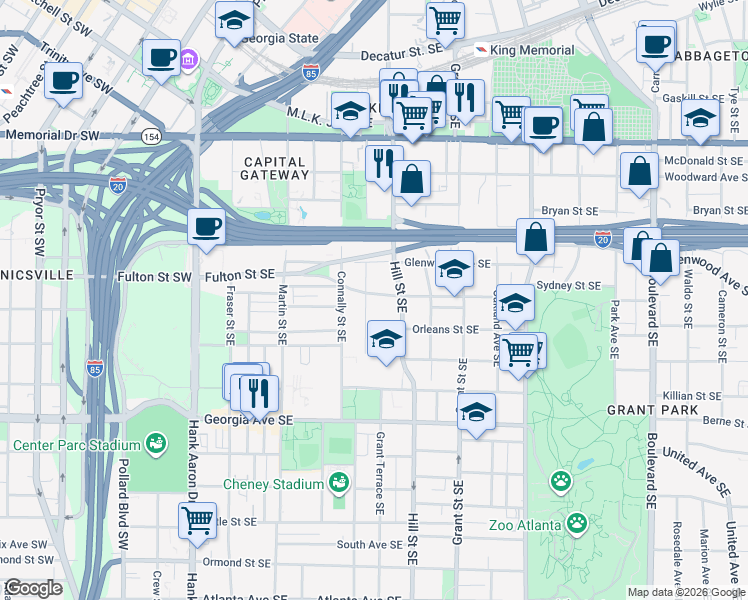 map of restaurants, bars, coffee shops, grocery stores, and more near 229 Sydney Street Southeast in Atlanta