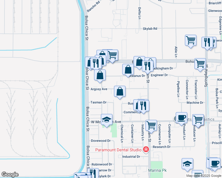 map of restaurants, bars, coffee shops, grocery stores, and more near 15201 Newsboy Circle in Huntington Beach