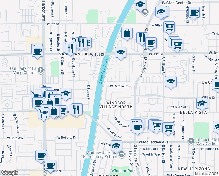 map of restaurants, bars, coffee shops, grocery stores, and more near 3024 West Camile Street in Santa Ana