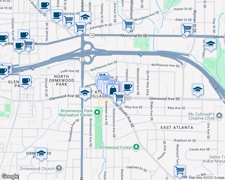map of restaurants, bars, coffee shops, grocery stores, and more near 467 Metropolitan Place Southeast in Atlanta