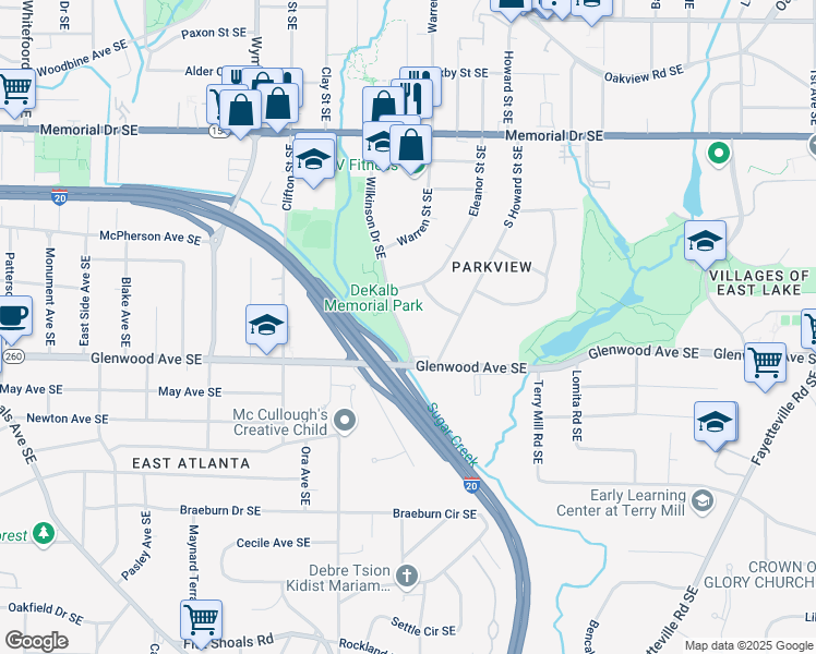 map of restaurants, bars, coffee shops, grocery stores, and more near 410 Wilkinson Drive Southeast in Atlanta