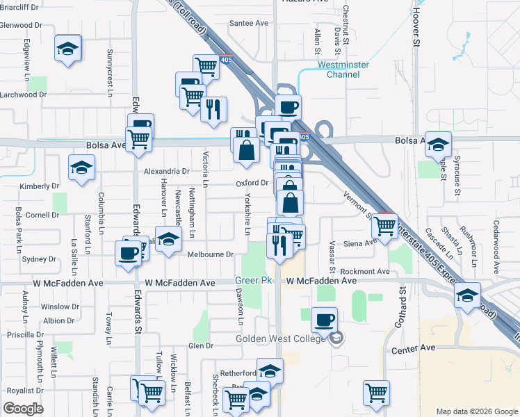 map of restaurants, bars, coffee shops, grocery stores, and more near 6921 Cumberland Drive in Huntington Beach