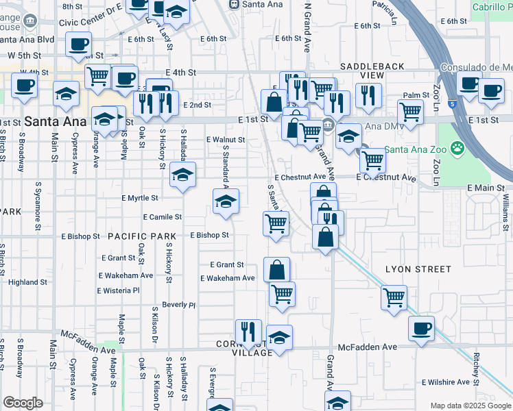 map of restaurants, bars, coffee shops, grocery stores, and more near 1001 East Camile Street in Santa Ana