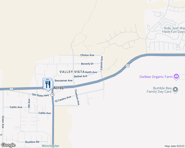 map of restaurants, bars, coffee shops, grocery stores, and more near Bethel Avenue in Hemet