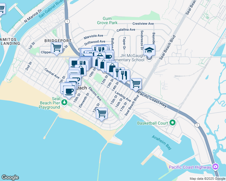 map of restaurants, bars, coffee shops, grocery stores, and more near 14th Street in Seal Beach