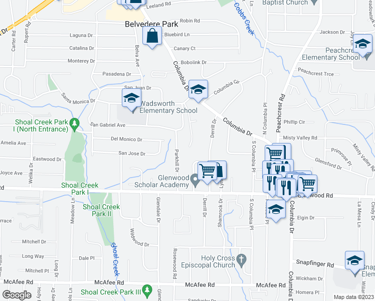 map of restaurants, bars, coffee shops, grocery stores, and more near 1733 Ivy Glenn Road in Decatur