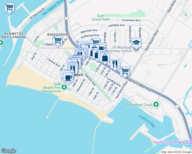 map of restaurants, bars, coffee shops, grocery stores, and more near 320 12th Street in Seal Beach