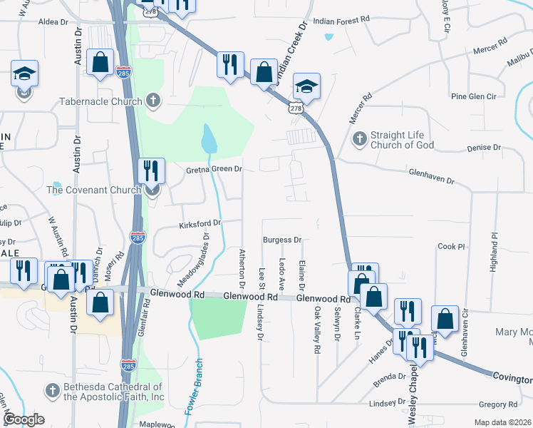 map of restaurants, bars, coffee shops, grocery stores, and more near 1703 Lee Street in Decatur