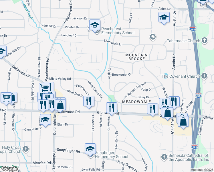 map of restaurants, bars, coffee shops, grocery stores, and more near 3595 Brookfield Lane in Decatur
