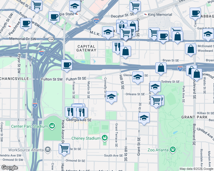 map of restaurants, bars, coffee shops, grocery stores, and more near 510 Connally Street Southeast in Atlanta
