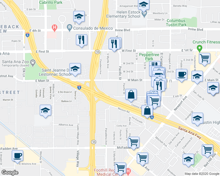 map of restaurants, bars, coffee shops, grocery stores, and more near 647 West 6th Street in Tustin