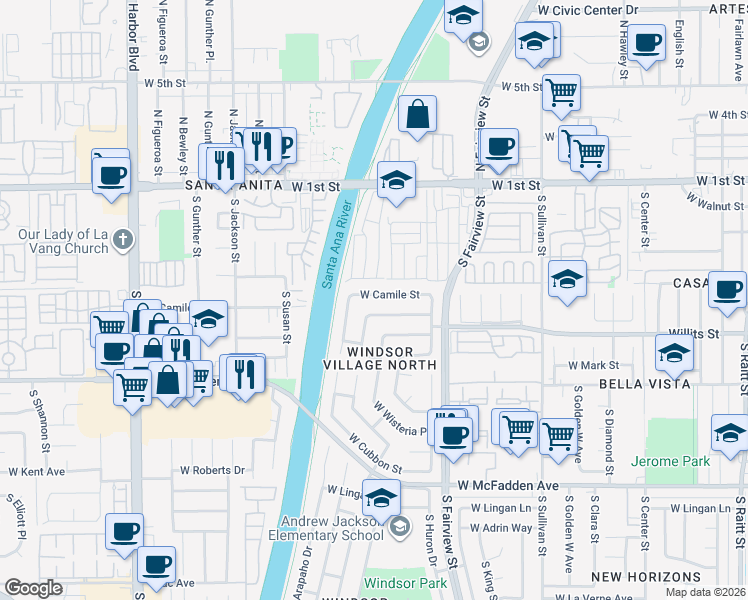 map of restaurants, bars, coffee shops, grocery stores, and more near 3024 West Camile Street in Santa Ana