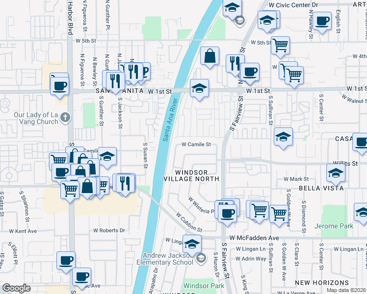 map of restaurants, bars, coffee shops, grocery stores, and more near 3024 West Camile Street in Santa Ana