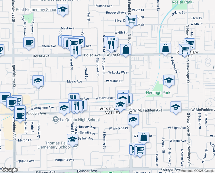 map of restaurants, bars, coffee shops, grocery stores, and more near 413 South Deming Street in Santa Ana