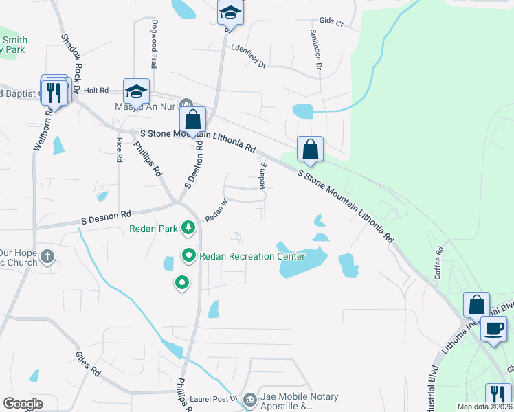 map of restaurants, bars, coffee shops, grocery stores, and more near 6395 Redan Square in Lithonia