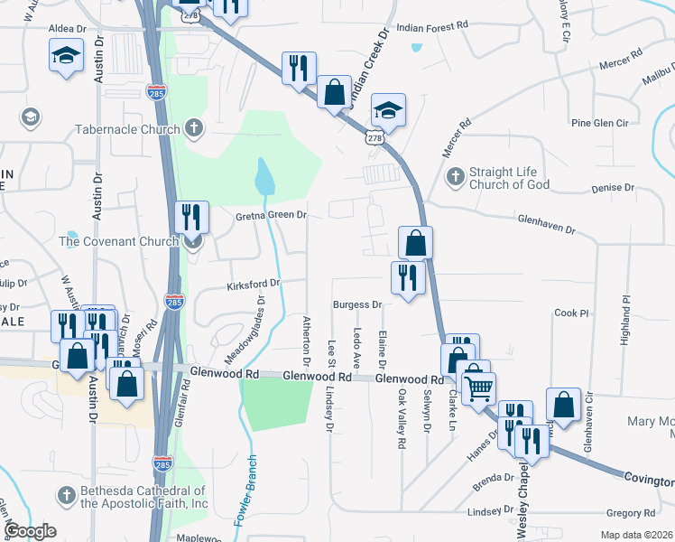 map of restaurants, bars, coffee shops, grocery stores, and more near 1703 Lee Street in Decatur