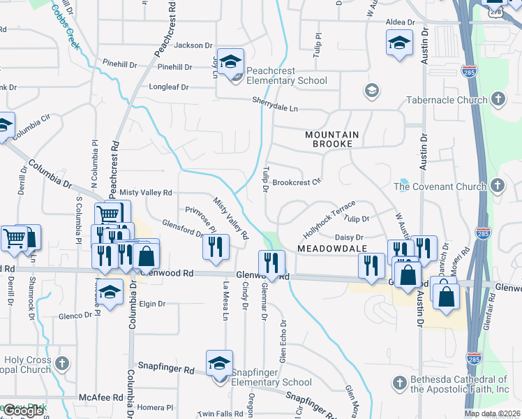 map of restaurants, bars, coffee shops, grocery stores, and more near 3595 Brookfield Lane in Decatur