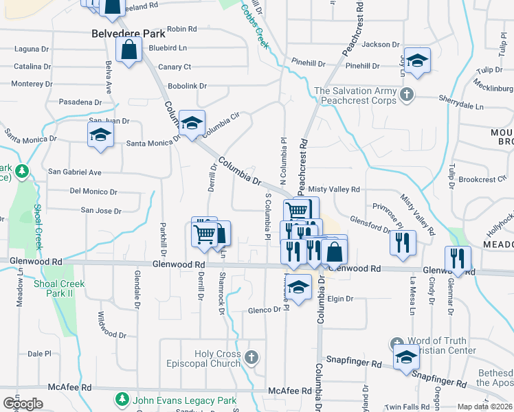 map of restaurants, bars, coffee shops, grocery stores, and more near 1766 McKenzie Drive in Decatur