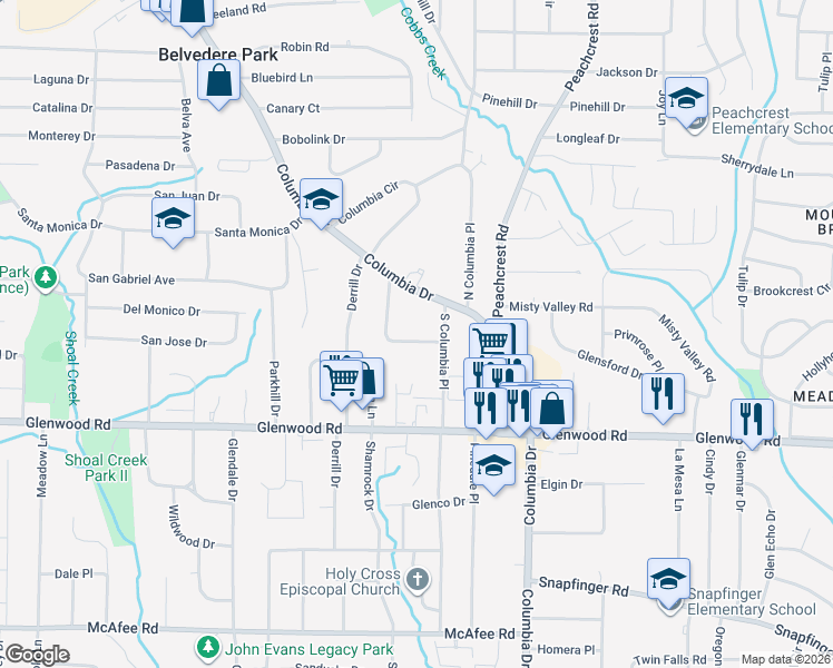 map of restaurants, bars, coffee shops, grocery stores, and more near 1766 McKenzie Drive in Decatur