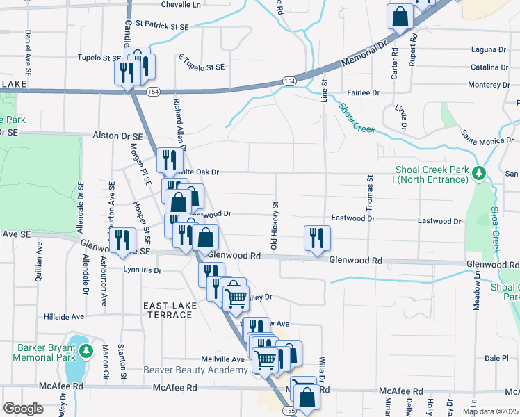 map of restaurants, bars, coffee shops, grocery stores, and more near 2590 Eastwood Drive in Decatur