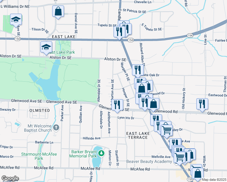 map of restaurants, bars, coffee shops, grocery stores, and more near 2870 Daws Avenue Southeast in Atlanta