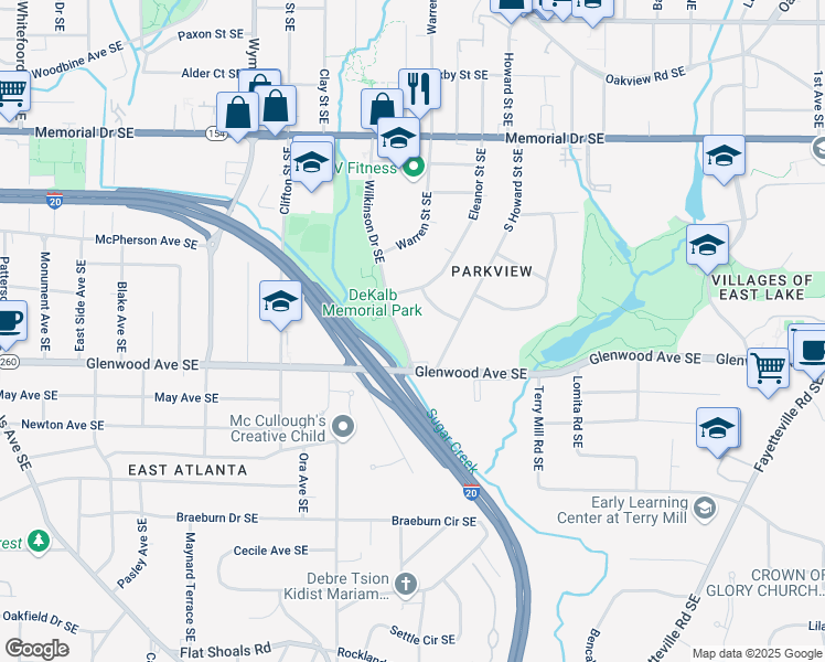 map of restaurants, bars, coffee shops, grocery stores, and more near 410 Wilkinson Drive Southeast in Atlanta
