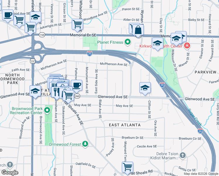 map of restaurants, bars, coffee shops, grocery stores, and more near 476 Blake Avenue Southeast in Atlanta