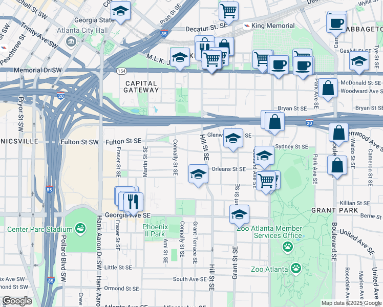 map of restaurants, bars, coffee shops, grocery stores, and more near 229 Sydney Street Southeast in Atlanta
