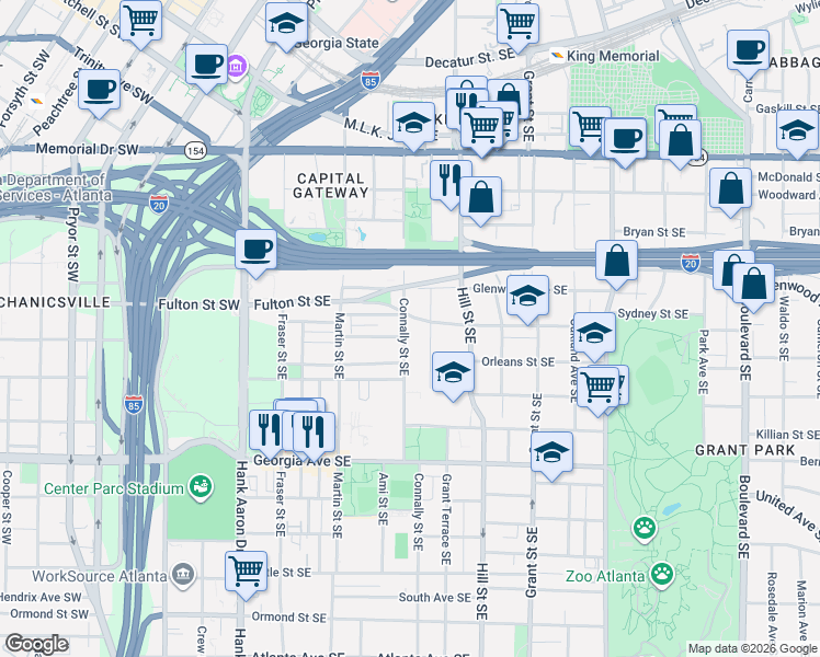 map of restaurants, bars, coffee shops, grocery stores, and more near 505 Kelly Street Southeast in Atlanta