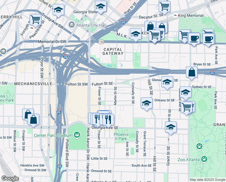 map of restaurants, bars, coffee shops, grocery stores, and more near 93 Hammock Place Southeast in Atlanta