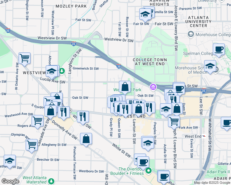 map of restaurants, bars, coffee shops, grocery stores, and more near 1165 Oak Street Southwest in Atlanta