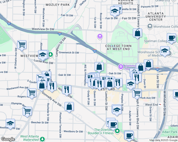map of restaurants, bars, coffee shops, grocery stores, and more near 1167 Oak Street Southwest in Atlanta