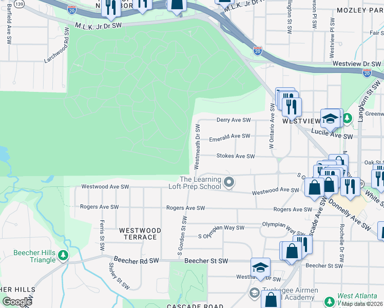 map of restaurants, bars, coffee shops, grocery stores, and more near 519 Westmeath Drive Southwest in Atlanta