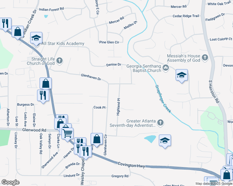 map of restaurants, bars, coffee shops, grocery stores, and more near 1715 Highland Place in Decatur