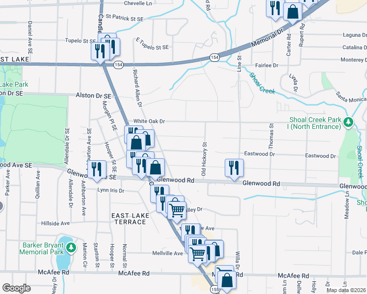 map of restaurants, bars, coffee shops, grocery stores, and more near 2566 Eastwood Drive in Decatur