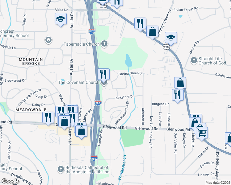 map of restaurants, bars, coffee shops, grocery stores, and more near 1721 Camperdown Place in Decatur
