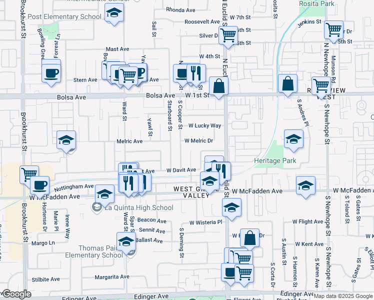 map of restaurants, bars, coffee shops, grocery stores, and more near 413 South Deming Street in Santa Ana