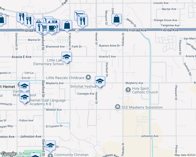 map of restaurants, bars, coffee shops, grocery stores, and more near 42269 Andrea Avenue in Hemet