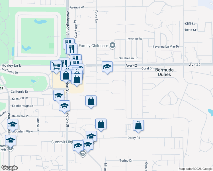 map of restaurants, bars, coffee shops, grocery stores, and more near 78337 Desert Mountain Circle in Bermuda Dunes