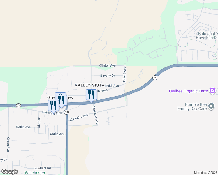 map of restaurants, bars, coffee shops, grocery stores, and more near 33849 Keith Avenue in Hemet