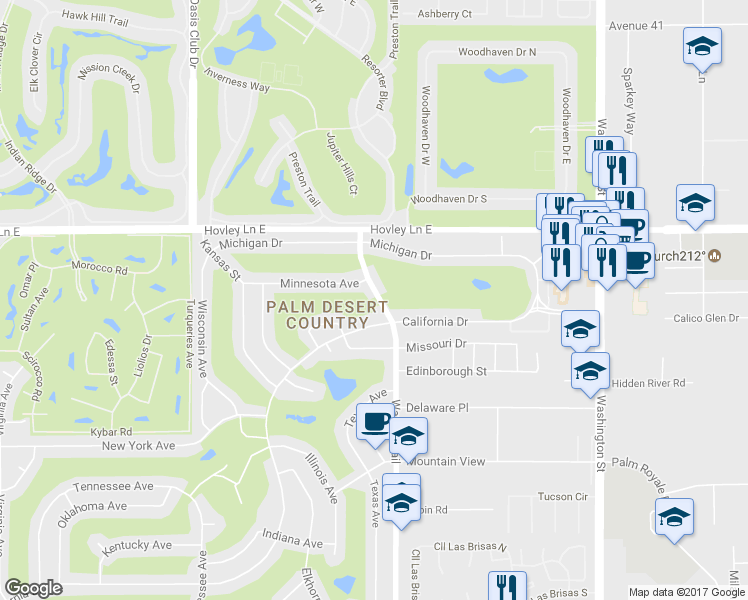 map of restaurants, bars, coffee shops, grocery stores, and more near in Palm Desert