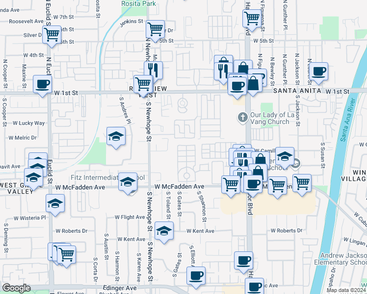 map of restaurants, bars, coffee shops, grocery stores, and more near 4117 West McFadden Avenue in Santa Ana