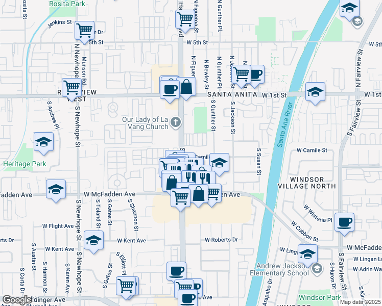 map of restaurants, bars, coffee shops, grocery stores, and more near 427 South Harbor Boulevard in Santa Ana