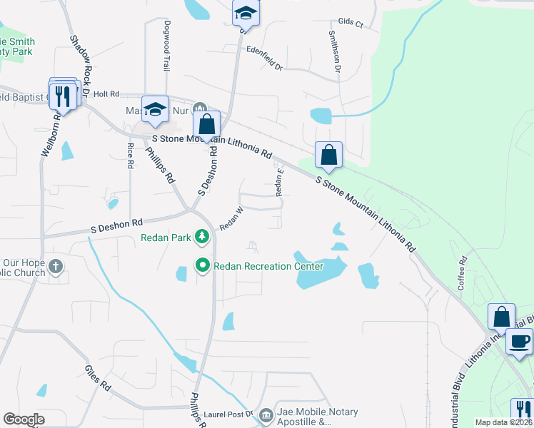 map of restaurants, bars, coffee shops, grocery stores, and more near 6375 Redan Square in Lithonia