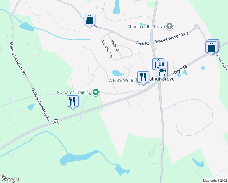map of restaurants, bars, coffee shops, grocery stores, and more near 201 Cambridge Drive in Loganville