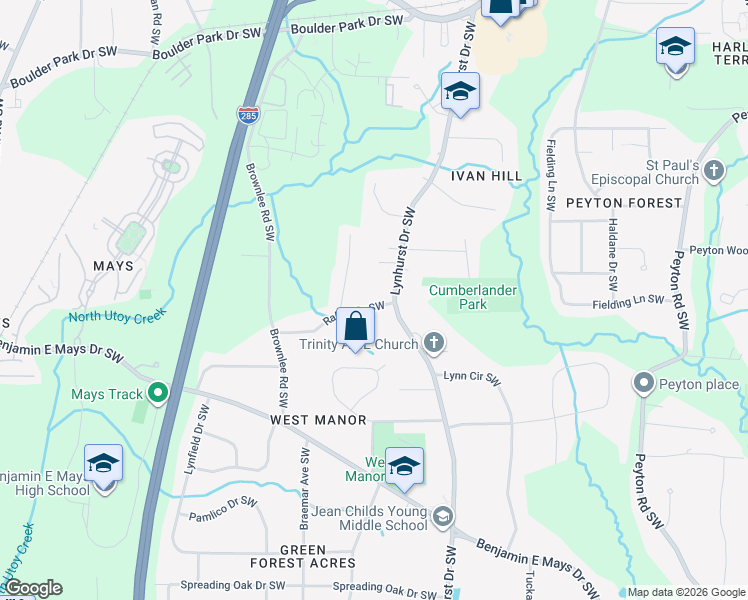 map of restaurants, bars, coffee shops, grocery stores, and more near 525 Rabun Drive Southwest in Atlanta