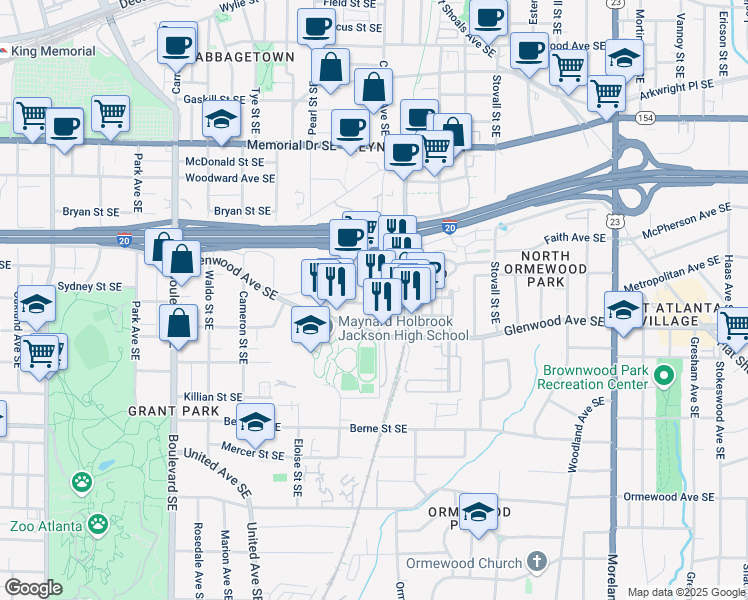 map of restaurants, bars, coffee shops, grocery stores, and more near 830 Glenwood Avenue Southeast in Atlanta