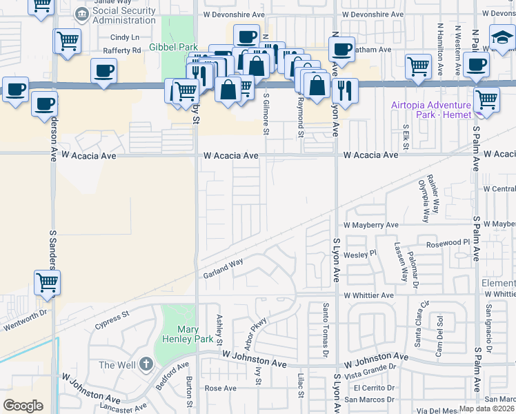 map of restaurants, bars, coffee shops, grocery stores, and more near 2205 West Acacia Avenue in Hemet
