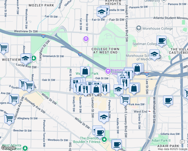map of restaurants, bars, coffee shops, grocery stores, and more near 1073 Oak Street Southwest in Atlanta